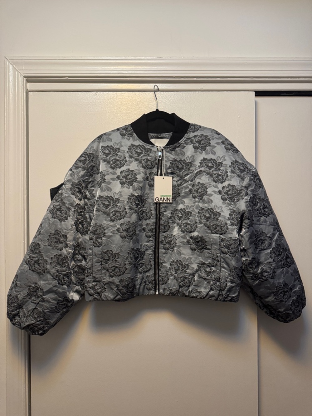 Ganni Black & Gray Quilted Floral Bomber Jacket